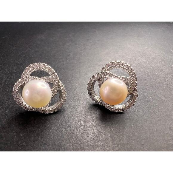 Cultured pearl swirl stud earrings in sterling silver with cz accents - Picture 12 of 14